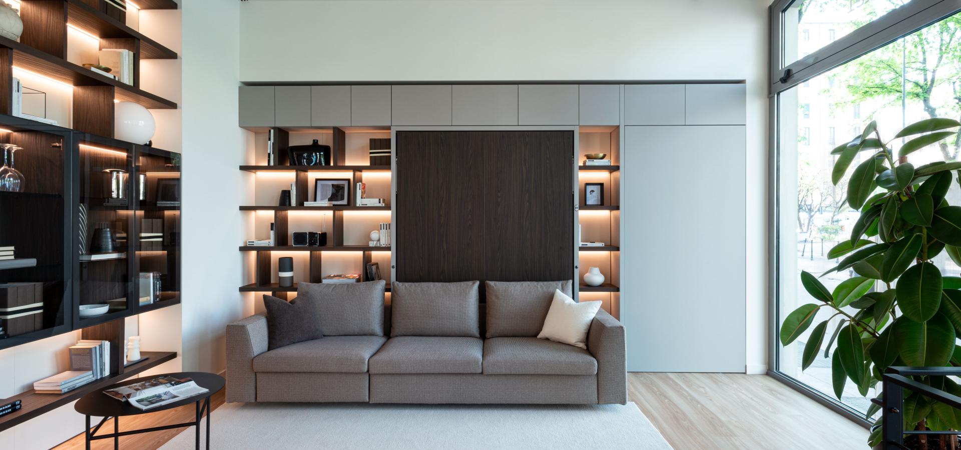 Clei Linear Sofa with feet and fold-down transforming double bed and shelves